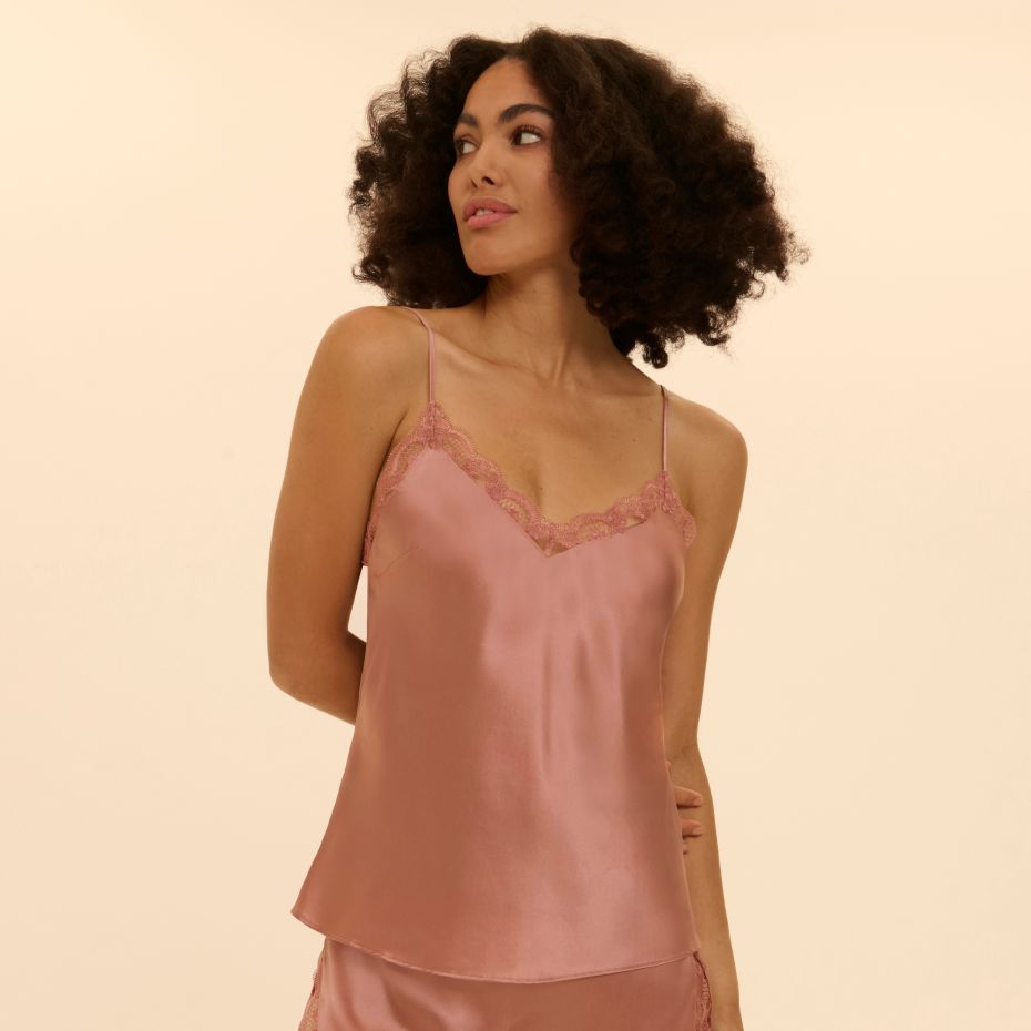 LOVE ME - Lace Trim Silk Top - Smokey Pink